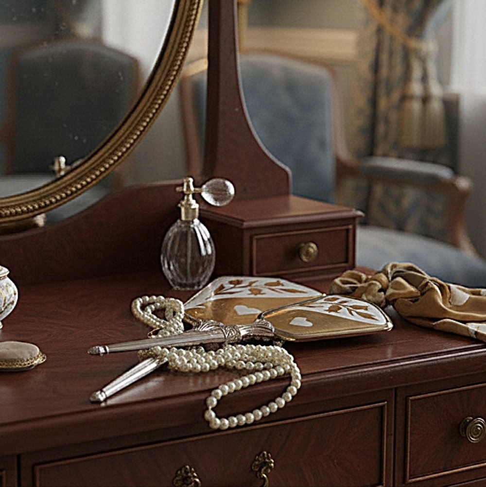 ​Vintage Art Deco Mirror & Brush Set | Gold & Silver Tulip Heart Celluloid